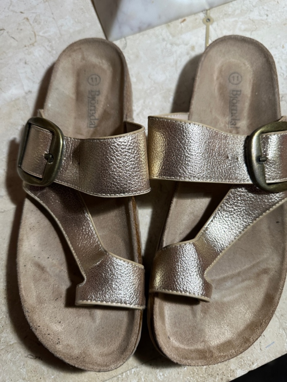 Metallic Gold Leather Toe-Loop Slide Sandals